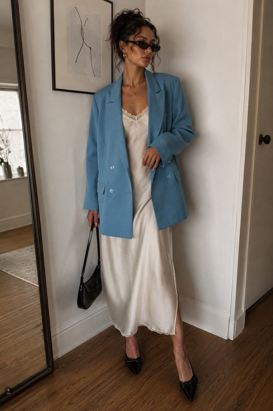 Vintage Oversized Double Breasted Blazer Light Blue Tailored Hong Kong Medium
